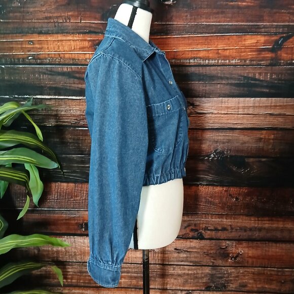 Oakbrook Denim Crop Top Size 8 Vintage 80s Blue Jean Long Sleeve US Made - Picture 7 of 8